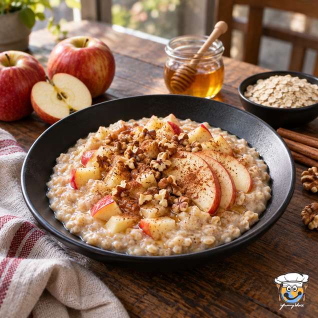 Apfel-Zimt-Porridge mit Apfelscheiben, Apfelwürfeln und gehackten Nüssen in einer schwarzen Schale.