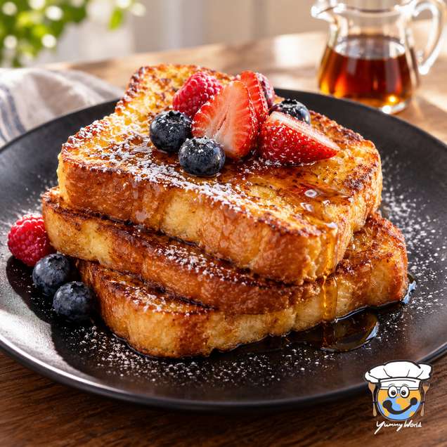 Gestapelte goldene French-Toast-Scheiben mit Erdbeeren und Heidelbeeren, mit Puderzucker bestäubt.