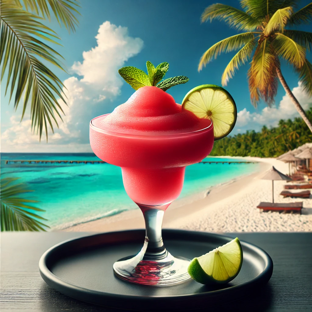 Frozen Daiquiri with blended ice crystals, white rum and lime in coupe glass, classic Cuban cocktail in slushy form