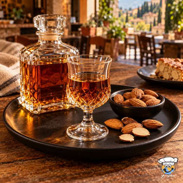 Bernsteinfarbener Amaretto in einem kleinen Stielglas neben einer geschliffenen Glaskaraffe und ganzen Mandeln.