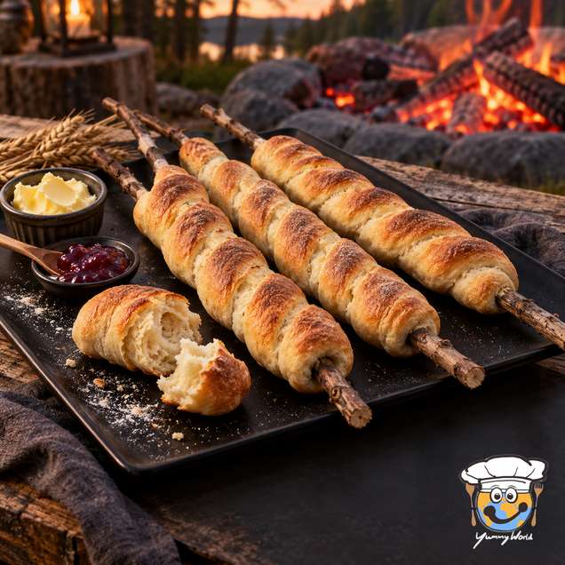 Gedrehtes Stockbrot mit goldener Röstkruste um Holzstöcke gewickelt neben einem Lagerfeuer.