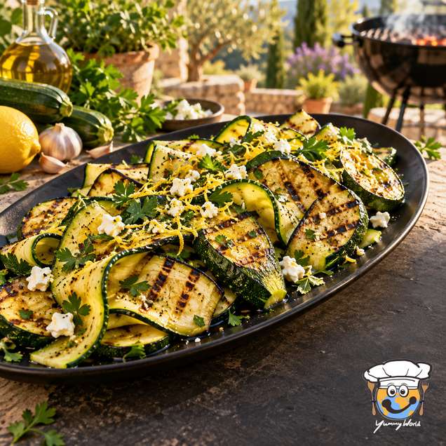 Grilled zucchini slices with dark grill marks, topped with herbs and grated cheese on a black platter.