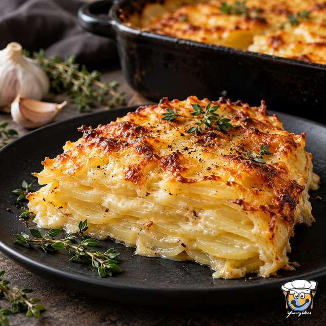 A slice of potato gratin with thin potato layers and a golden cheese crust, topped with thyme.
