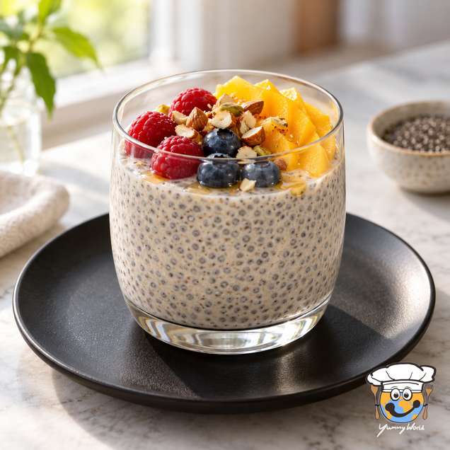 Chia pudding in a clear glass topped with raspberries, blueberries, mango pieces and chopped nuts.