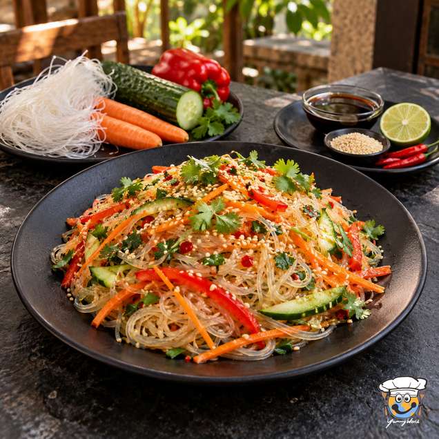 Asiatischer Glasnudelsalat mit Karottenstreifen, Gurke, Paprika, Sesam und frischen Kräutern.