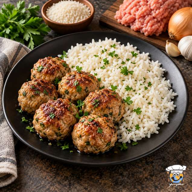 Browned turkey meatballs served with white rice and chopped parsley on a black plate.