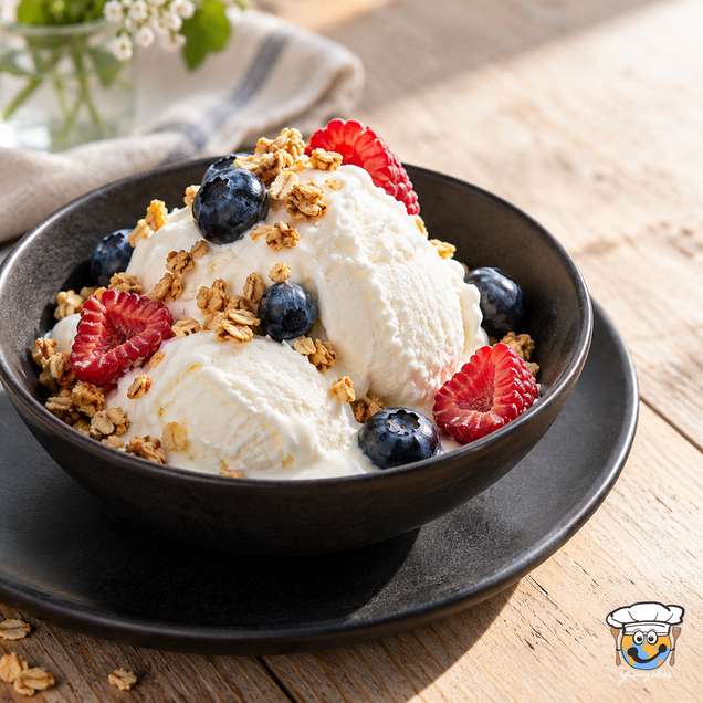 Scoops of frozen yogurt topped with strawberries, blueberries and granola in a black bowl.