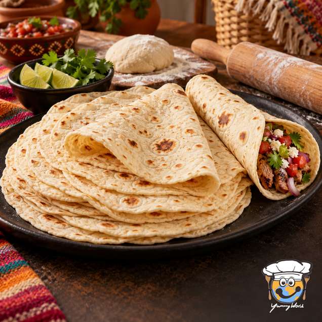 A stack of flour tortillas with browned spots, with one tortilla wrapped around a colorful filling.