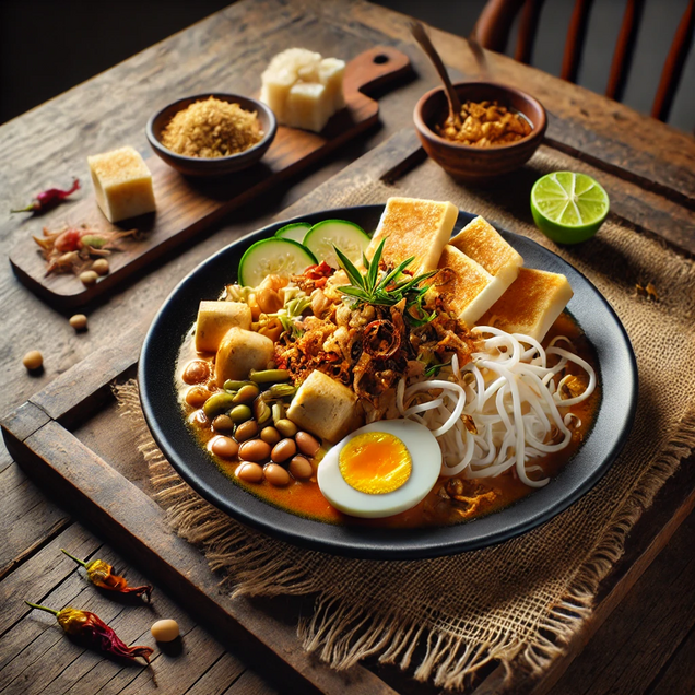 Jakarta street food dish with rice cake, bean sprouts, vermicelli, tofu, peanut sauce and crispy shallots, vegetarian specialty