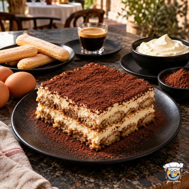 Ein quadratisches Stück Tiramisu mit abwechselnden Biskuit- und Cremeschichten unter einer dicken Kakaodecke.