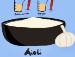 Creamy homemade garlic aioli sauce in small bowl, Mediterranean condiment made with olive oil and garlic for seafood and vegetables