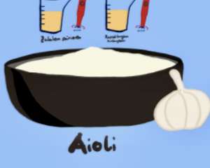 Creamy homemade garlic aioli sauce in small bowl, Mediterranean condiment made with olive oil and garlic for seafood and vegetables