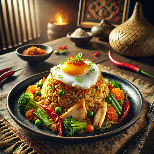 Indonesian fried rice dish with vegetables, egg, chicken pieces and shrimp crackers, topped with fried egg and spicy sambal