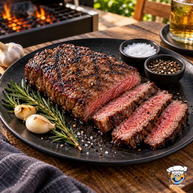 Gegrilltes Denver Steak mit rosa Kern, aufgeschnitten und mit Rosmarin und Knoblauch auf einem schwarzen Teller serviert.