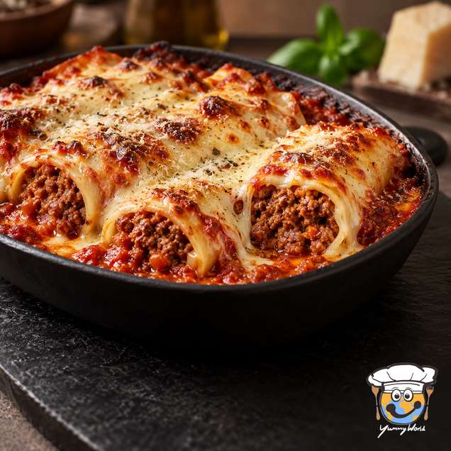 Cannelloni mit Bolognese-Füllung in Tomatensauce, unter einer goldenen Schicht geschmolzenen Käses überbacken.