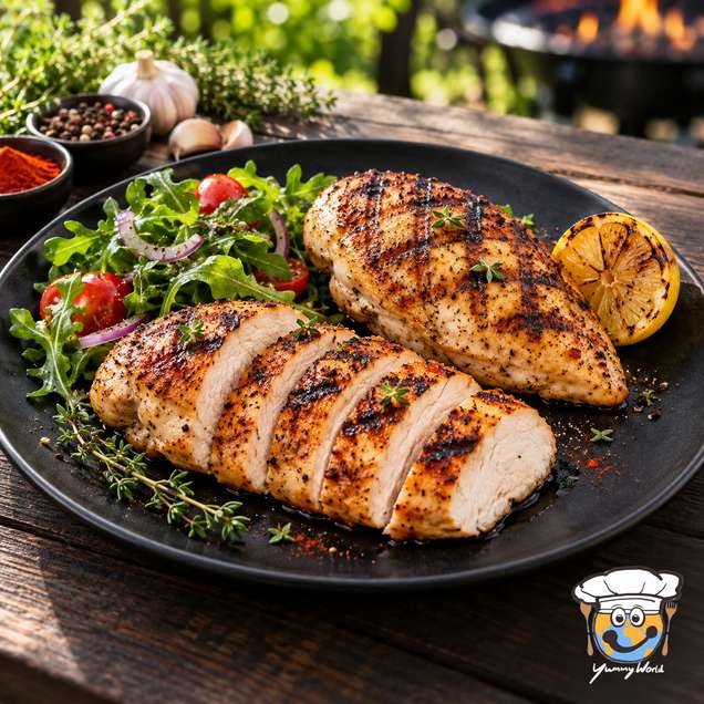 Grilled chicken breasts with dark grill marks, one sliced, served with green salad and grilled lemon.