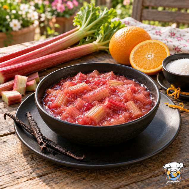 Pink rhubarb compote with visible fruit pieces in a black bowl beside fresh rhubarb and an orange.