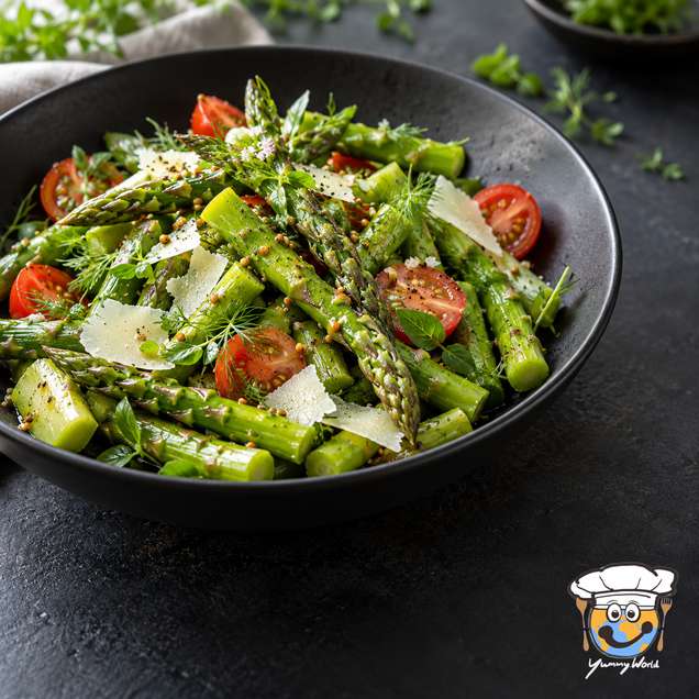 Green asparagus salad with cherry tomatoes, leafy greens and shaved cheese in a black bowl.