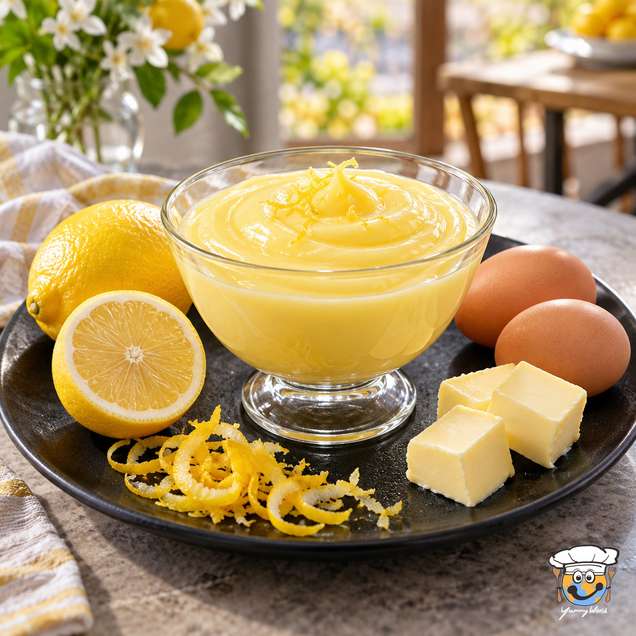 Glatte gelbe Zitronencreme in einer Dessertschale aus Glas neben Zitronen, Zitronenabrieb, Eiern und Butter.