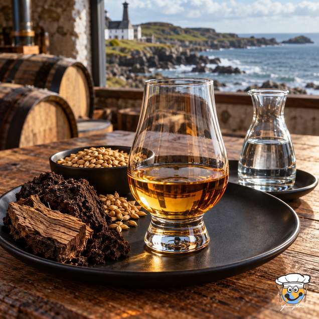 Islay Scotch whisky in a tasting glass beside barley and a water carafe, with a rocky coastline behind.