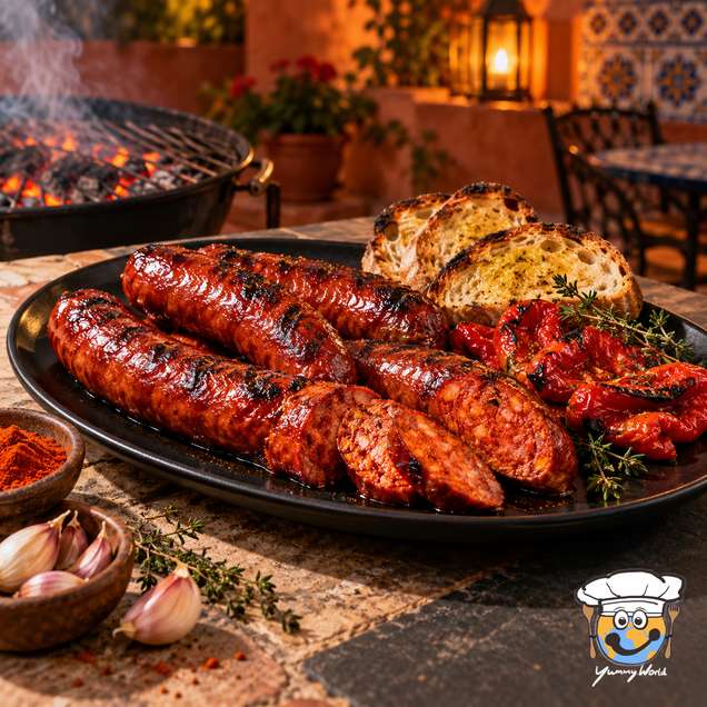 Gegrillte Chorizo mit dunklen Grillspuren, eine Wurst in Scheiben geschnitten, dazu geröstetes Brot und Paprika.