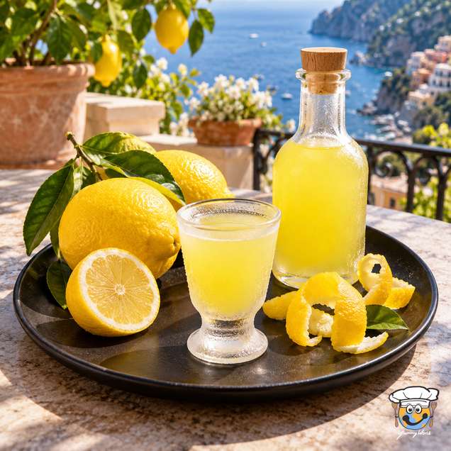 Yellow limoncello in a small stemmed glass beside a matching bottle, lemons and curled lemon peel.