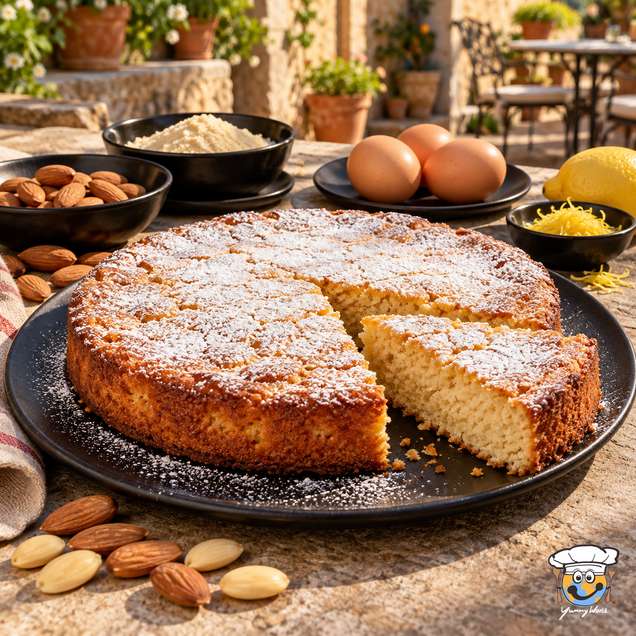 Spanischer Mandelkuchen mit Puderzucker, angeschnitten mit sichtbarer heller Mandelkrume.