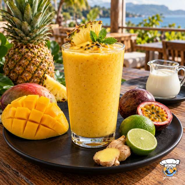 A golden Exotic Glow smoothie garnished with pineapple, surrounded by mango, passion fruit, lime and ginger.