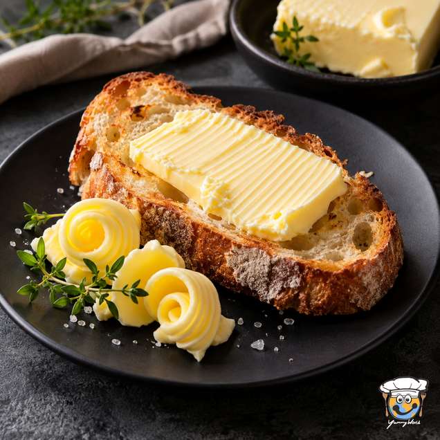 A thick slice of butter on crusty bread with decorative butter curls and herbs alongside.