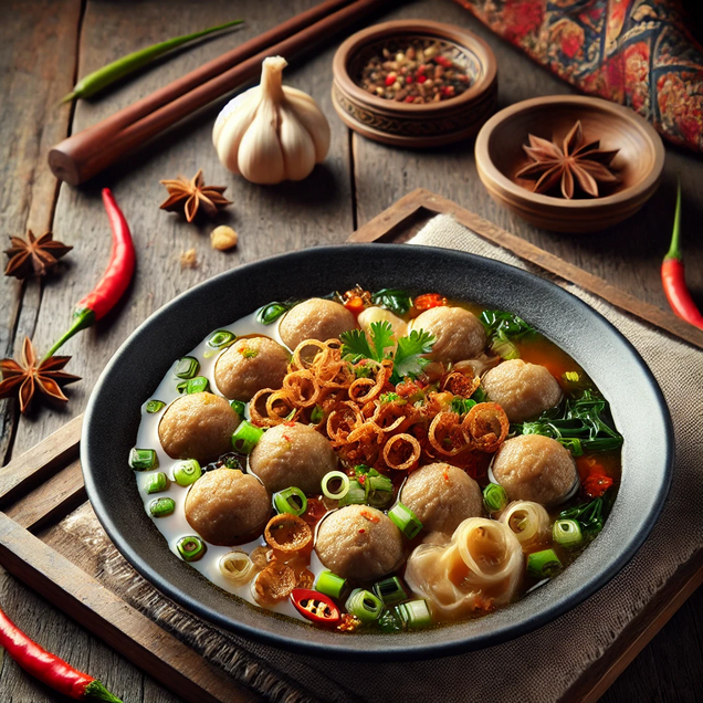 Indonesian beef meatball soup with clear broth, rice noodles, bok choy and fried shallots, popular street food served with sambal
