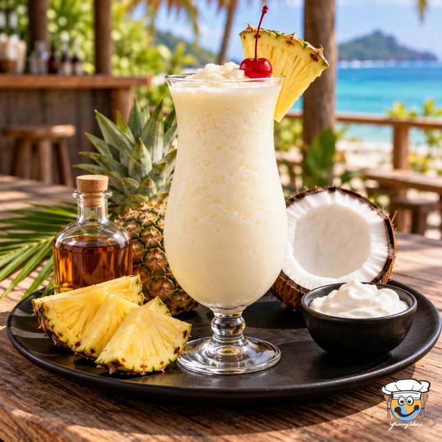 Piña colada in a curved glass with a pineapple wedge and cherry, beside pineapple and coconut.
