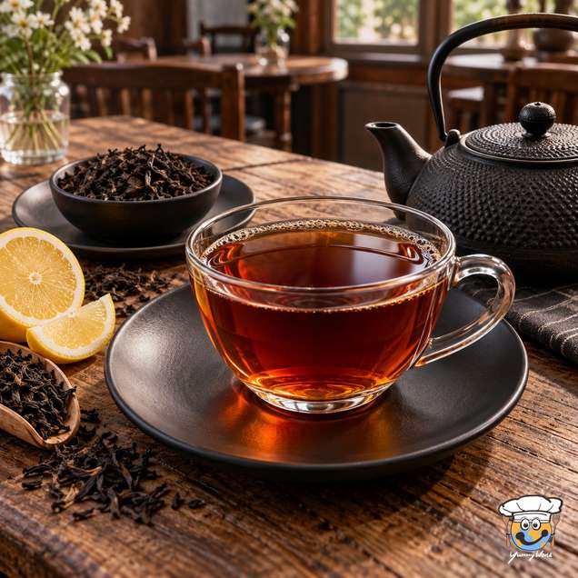 A glass cup of amber black tea beside loose tea leaves, a black teapot and a lemon half.