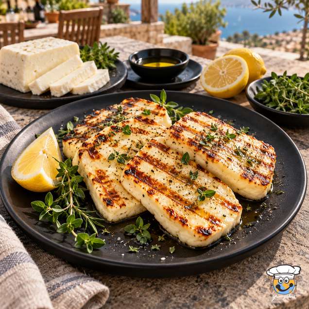 Grilled halloumi slices with dark grill marks, scattered herbs and lemon wedges on a black plate.