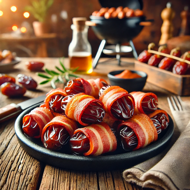 Sweet dates wrapped in bacon strips being grilled, German hors d'oeuvre with caramelized exterior and warm interior