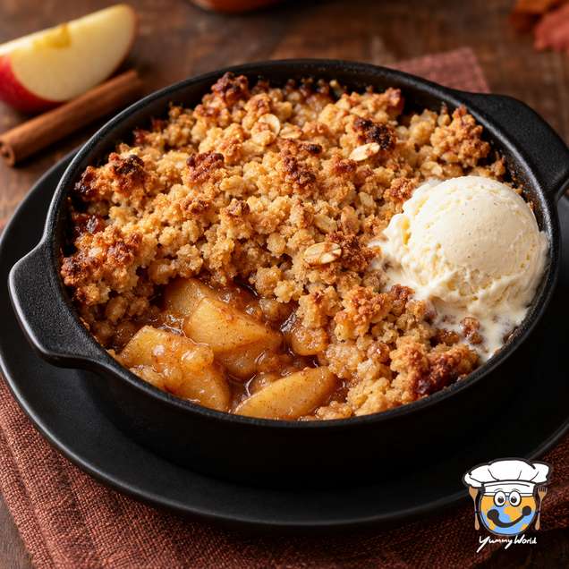 Apple crumble with a golden crumb topping and a scoop of ice cream in a black baking dish.