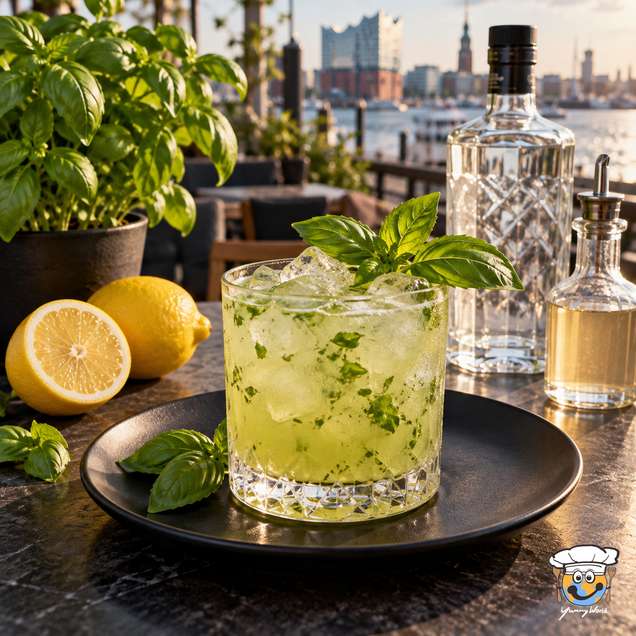 Gin Basil Smash mit Eis und frischem Basilikum in einem kurzen Glas neben Zitronen und einer Ginflasche.
