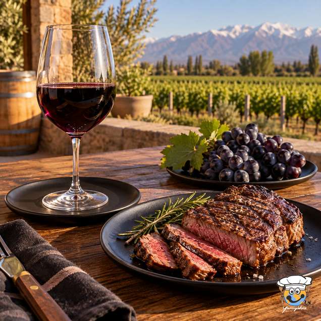 Ein Glas Malbec-Rotwein neben Trauben und aufgeschnittenem Steak mit Blick auf Weinberge und Berge.