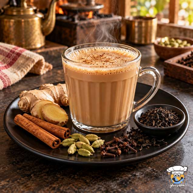 Cremiger Masala Chai im Glasbecher, umgeben von Zimtstangen, Ingwer, Kardamom und Nelken.