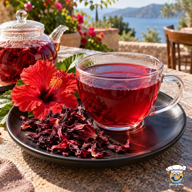 Tiefroter Hibiskustee in einer Glastasse neben einer Glasteekanne, getrockneten Blütenblättern und einer roten Hibiskusblüte.