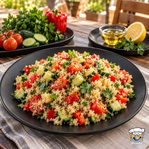 Quinoasalat mit Gurke, Tomaten, roter Paprika und gehackten Kräutern auf einem schwarzen Teller.