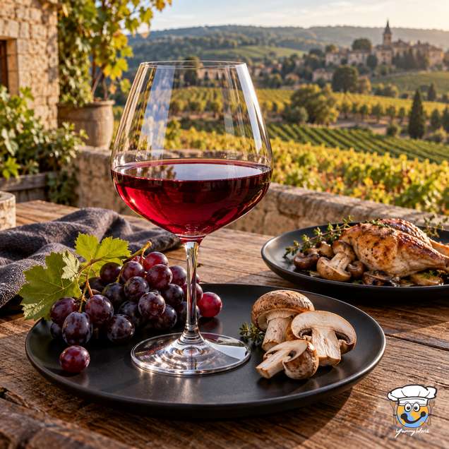 Ein Glas Pinot Noir mit dunklen Trauben und Pilzen auf einer Terrasse mit Blick auf Weinberge.