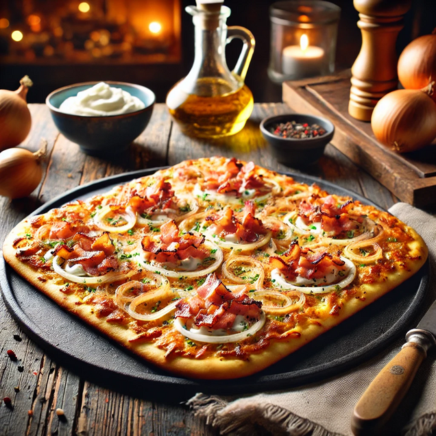 Traditional Alsatian Flammkuchen with crispy thin crust topped with crème fraîche, onions and bacon bits, German-French border specialty