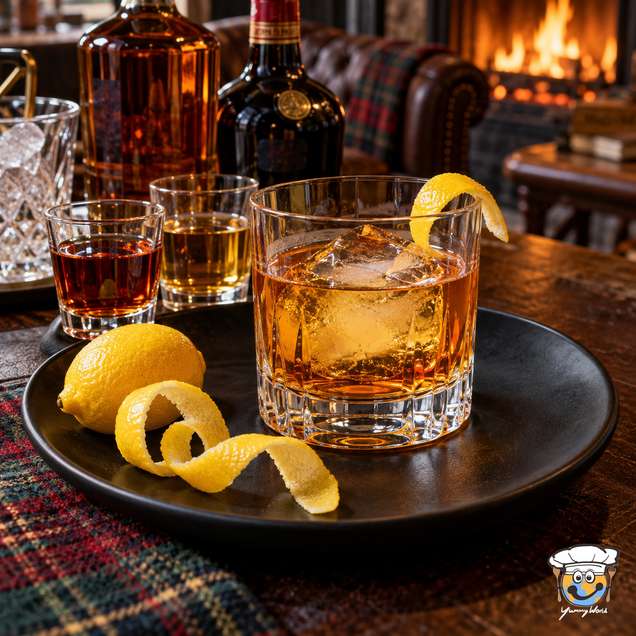 An amber Rusty Nail cocktail over a large ice cube with a lemon twist in a short glass.