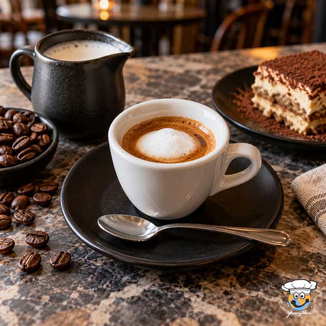 Espresso Macchiato mit einem kleinen Klecks Milchschaum in einer weißen Tasse, daneben ein Stück Kuchen.