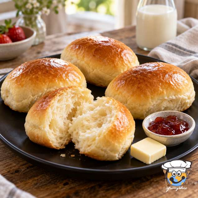 Soft milk rolls with shiny golden tops, one torn open, served with butter and red jam.