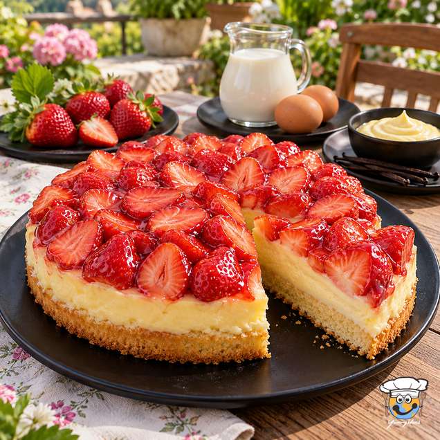 Strawberry cake with vanilla pudding and glossy sliced strawberries, shown with one slice removed.