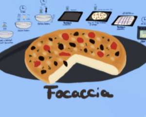 Rustic focaccia bread grilling on barbecue, Italian flatbread with herbs, olive oil and grill marks for enhanced flavor