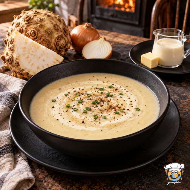 Creamy celeriac soup topped with chopped herbs and cracked pepper, with celeriac and onion behind the bowl.