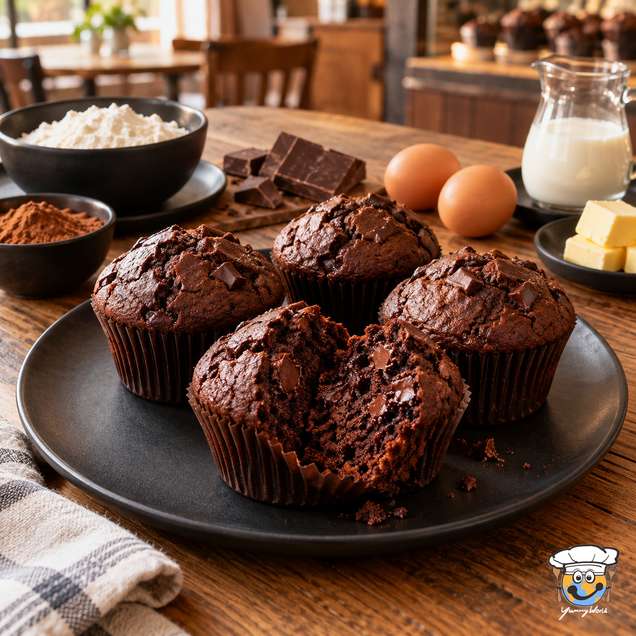Dark chocolate muffins with cracked tops and chocolate chunks, with one split open on a black plate.
