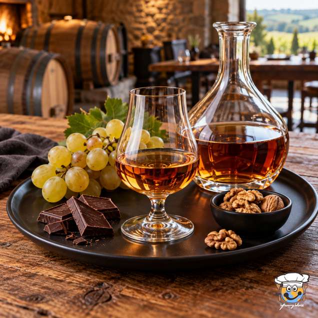 A glass of amber Armagnac beside a decanter, grapes, chocolate pieces and walnuts.